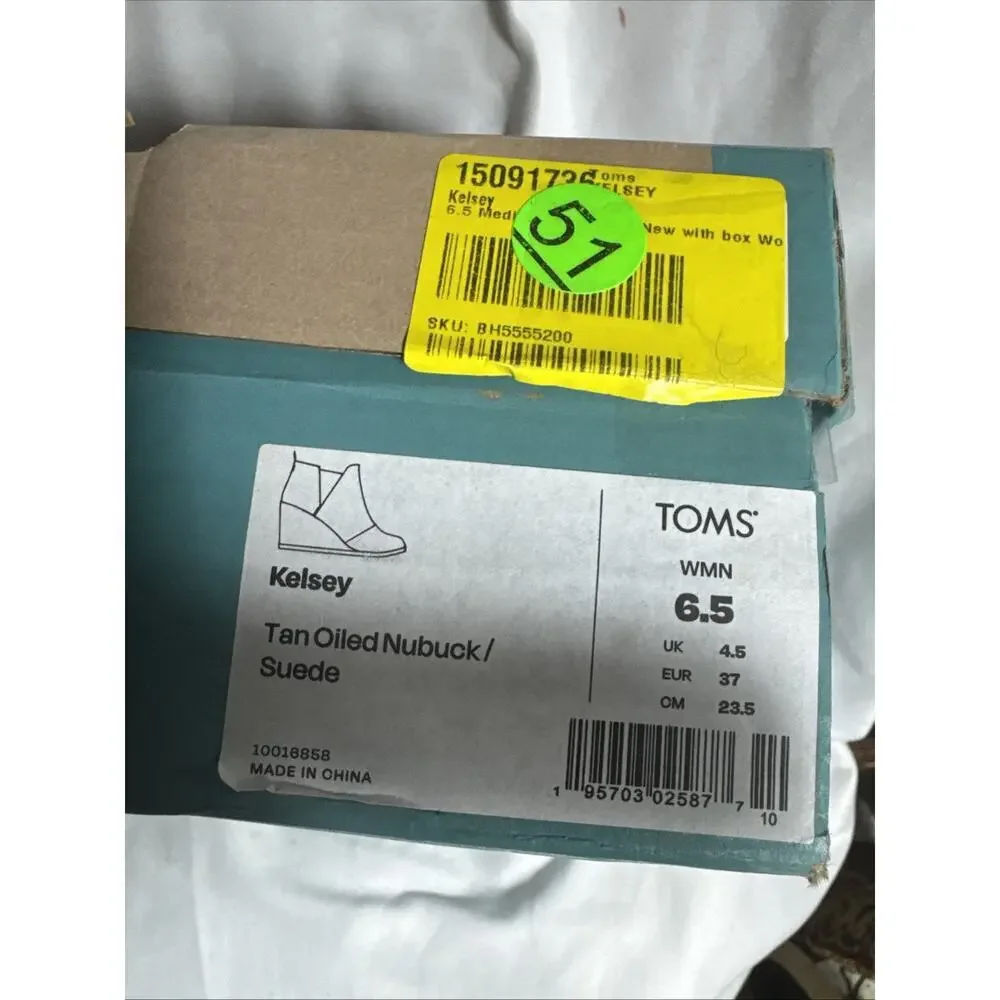 Toms Boots Womens 6.5 Kelsey Ankle Booties Wedge Tan Oiled Nubuck Suede NIB NEW